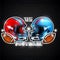 Blue and red american football helmets in front of each other in center. Sport logo for any team