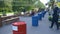 Blue and red barrels, lots of food trucks.