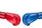 Blue and red boxing gloves are moving at each other for a kick, business concept and destruction, on a white background, isolate