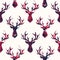 Blue and Red Checks Textured Silhouettes of a Deer Heads on White Background Vector Seamless Pattern