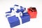 Blue and red Christmas packages with white ribbons gold loop