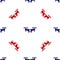 Blue and red Drone flying icon isolated seamless pattern on white background. Quadrocopter with video and photo camera