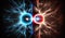 Blue and red electrical particles of opposite charge colliding in dark space. Generative AI