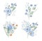 Blue and red flowers hand drawn aquarelle illustrations set