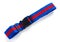 Blue & red harness with black buckles on white bckground