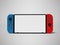 Blue and red joystick wireless gamepad for tablet front view 3d render on gray background with shadow