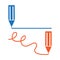 Blue and red pen or pencil or marker minimal icon. Pencils draws straight and curves lines. Vector