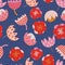 Blue with red and pink abstract flowers with stripes and dots seamless pattern background design.