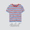 Blue and red striped t-shirt and handlettered word salut, French for hello.