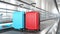 Blue and red suitcases on an airport travelator.
