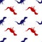 Blue and red tyrannosaurus, graphical dinosaur icon isolated seamless pattern on white background. Vector