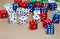 blue red and white gaming dice