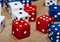 blue red and white gaming dice