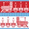 Blue, red and white Scandinavian Christmas Nordic Seamless Pattern with gravy train, gifts, stars, snowflakes, hearts, snow, in cr