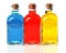 Blue, red, and yellow bottles