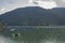 A Blue red yellow green old wooden boats and catamaran on the water. rowing boats on the lake against the backdrop of green