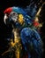 Blue, red and yellow macaw silhouette, full body, on black background with copy space