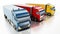 Blue, red and yellow trucks isolated on white background. 3D illustration