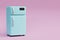 blue refrigerator with metal handles on a pink background, 3d render