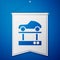 Blue Repair car on a lift icon isolated on blue background. Repair of the underbody, suspension, wheels and engine