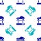 Blue Repair car on a lift icon isolated seamless pattern on white background. Repair of the underbody, suspension