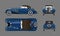 Blue retro car. Vintage cabriolet. Front, side, top and back view. Industrial isolated blueprint. 3d automobile