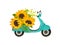 Blue retro moped with three sunflower colors on the seat. Vector illustration on white background.