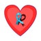 Blue ribbon pinned on a red heart