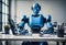 Blue robot manages tasks in the office