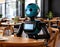 Blue Robot sits in a cafe. AI generated