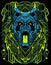 Blue Robotic wolf roaring with green sacred geometry background