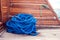 Blue rope on a yacht on a wooden table. Sea concept