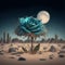 Blue rose with its diamond petals in the cold night desert illuminated by the splendidly bright full moon.