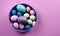 Blue, rose, and yellow Easter eggs in a bowl.- Generative AI