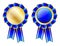 Blue rosette, badge with gold border, ribbon and golden laurel wreath isolated on white