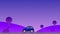 Blue round shaped car driving at night with a beautiful purple landscape in the background seamless loop animation motion graphics