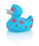 Blue rubber duck with pink stars bath toy isolated on a white background with shadow reflection.