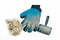 Blue rubber glove and animal brush for combing pets, cats, dogs. A clump of wool is the result of grooming. Tools for