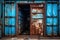 blue rusted metal door of old container generative AI