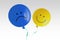 Blue sad balloon and yellow happy balloon flying away on white background - Prevalence of negative over positive mood concept