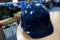 Blue safety helmet complete with suspension and chin strap,