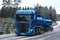 Blue Scania R580 Tank Truck Hauling on Rural Winter Highway