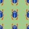 Blue scarab isolated on green background. Seamless pattern with Bug insect, Beetles. Design for wrapping paper, cover