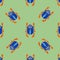 Blue scarab isolated on green background. Seamless pattern with Bug insect, Beetles. Design for wrapping paper, cover