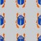 Blue scarab isolated on light grey background. Seamless pattern with Bug insect, Beetles. Design for wrapping paper