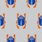Blue scarab isolated on light grey background. Seamless pattern with Bug insect, Beetles. Design for wrapping paper