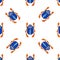 Blue scarab isolated on white background. Seamless pattern with Bug insect, Beetles. Design for wrapping paper, cover