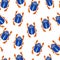 Blue scarab isolated on white background. Seamless pattern with Bug insect, Beetles. Design for wrapping paper, cover