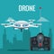 Blue scene city landscape set remote control and white modern robot drone with four airscrew and pair of telescope