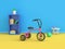 Blue scene yellow floor kid tricycle furniture bookshelf 3d rendering abstract minimal 3d render cartoon style